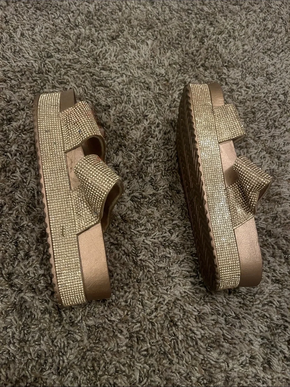BAMBOO Metallic Rose Gold Rhinestone Double-Strap Slide Sandals